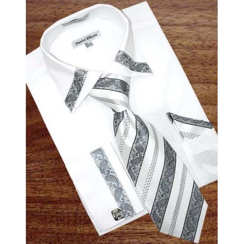 Daniel Ellissa White With Silver Grey/Black Paisley Design Shirt/Tie/Hanky Set DS3741P2